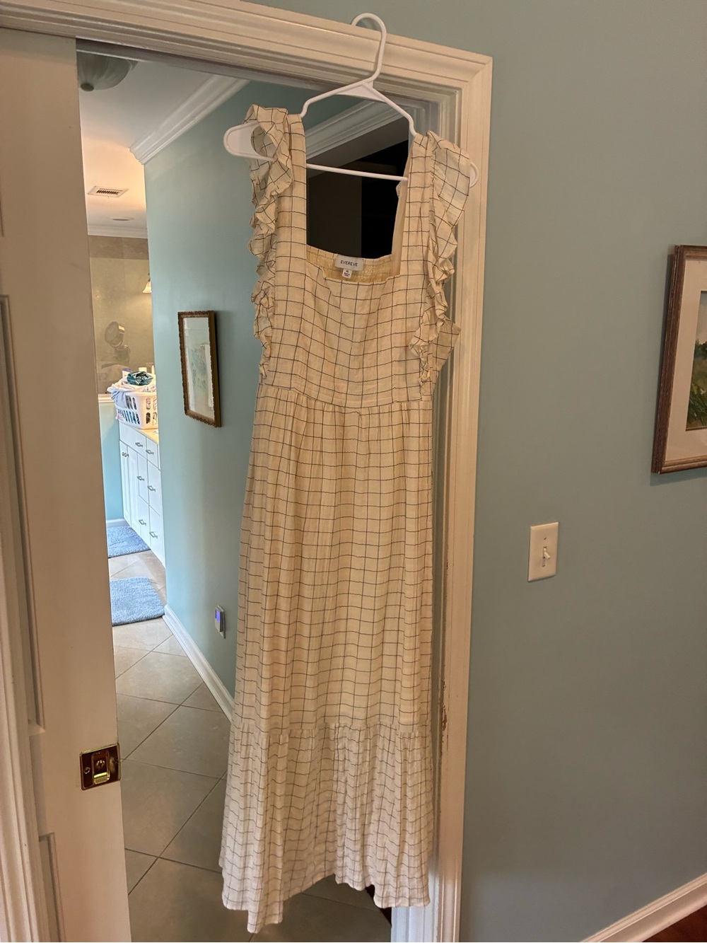 Evereve Cream Plaid Ruffle-Sleeve Maxi Dress